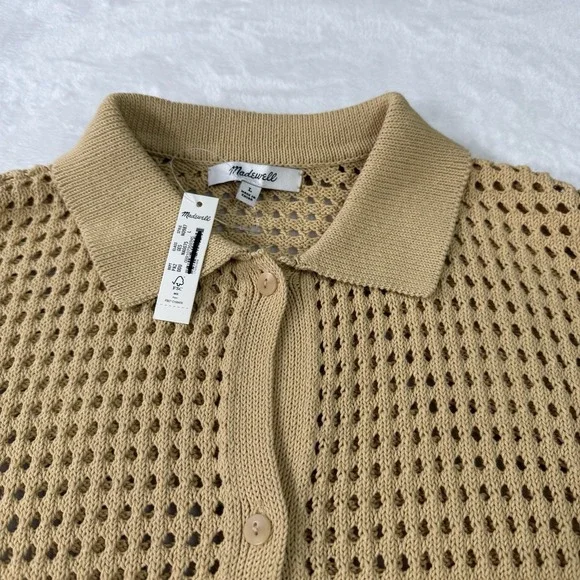 Madewell Polo Cardigan Sweater Womens Large Beige Eyelet Knit 100% Cotton NWT - Picture 3 of 11